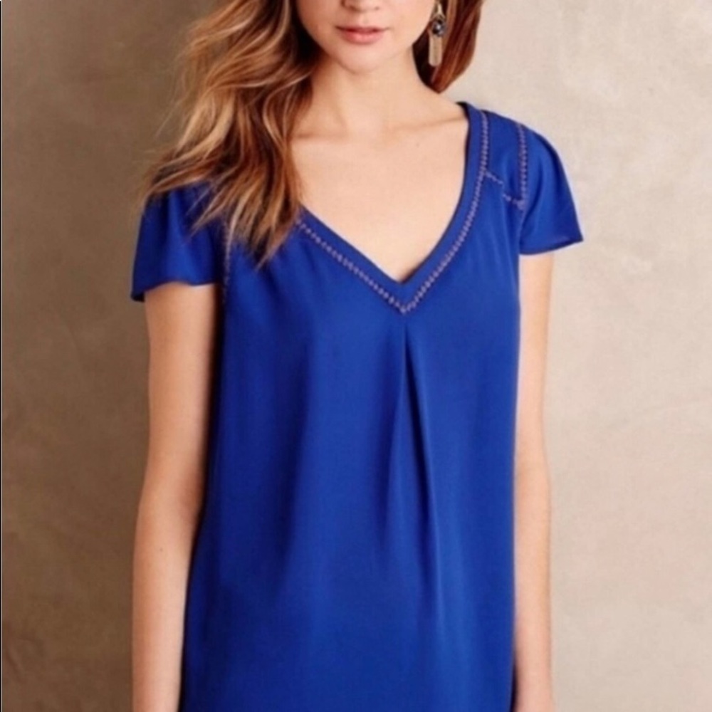Anthropologie Maeve v-neck dot trim flutter blouse